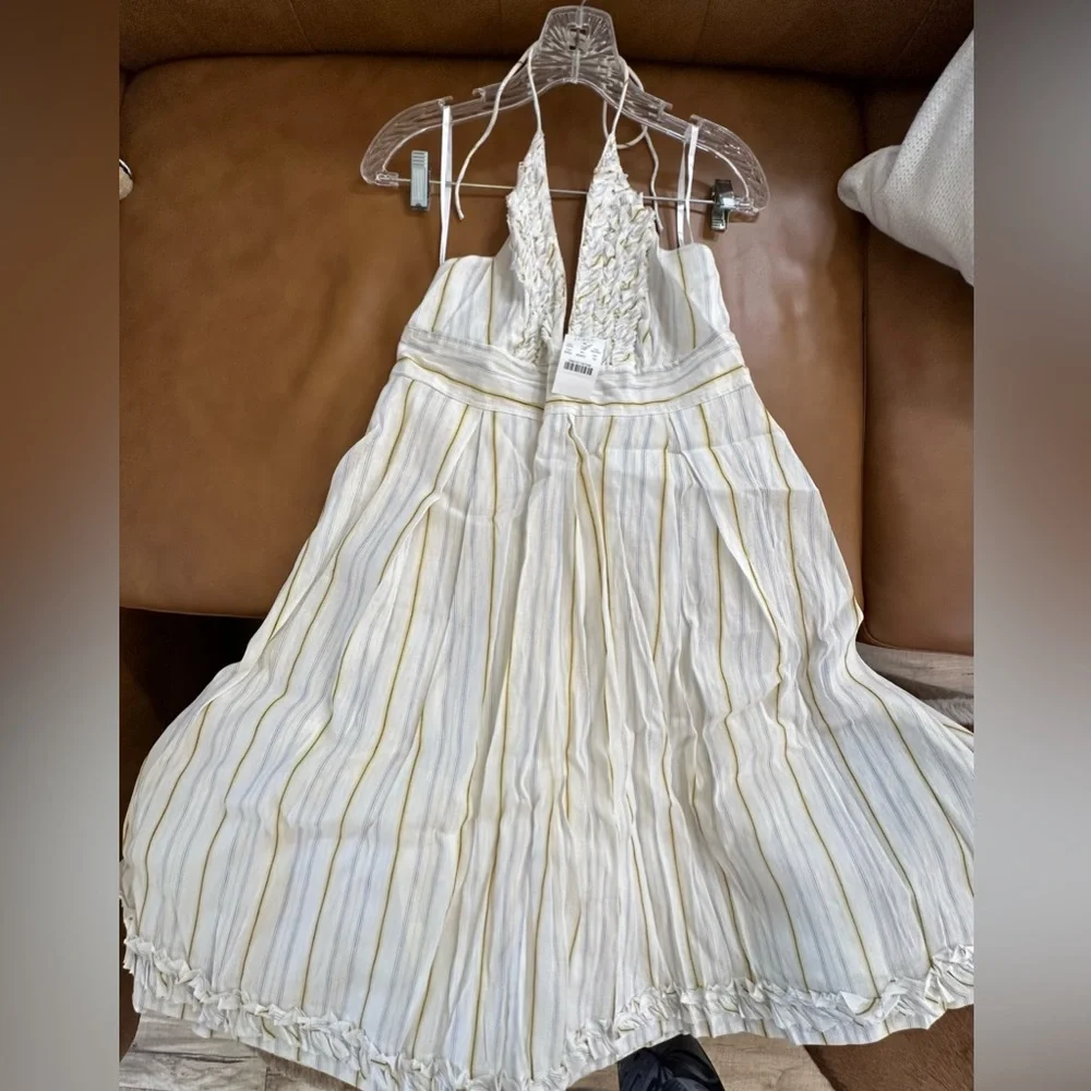 J Crew NWT Sylvan Halter Dress Backless Ruffle Linen Cotton Striped size 12